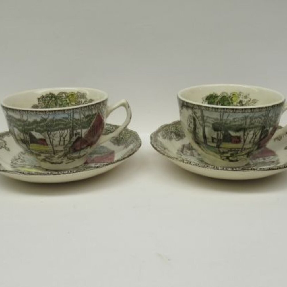 2 - Johnson Bros England The FRIENDLY VILLAGE Ice House Coffee Cups and Saucers